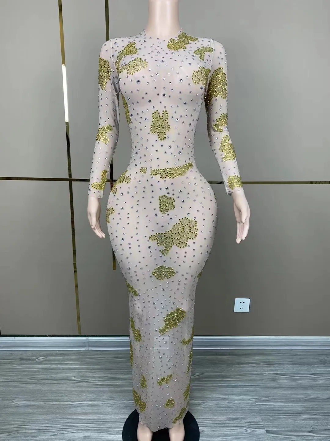 

Women Silver Crystals Birthday Celebrate Dress Mesh Outfit Evening Sexy Costume Transparent Rhinestones Photo Shoot Dress