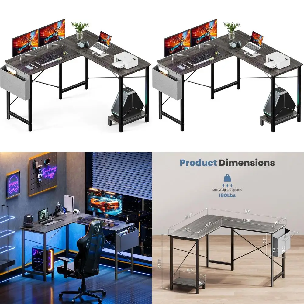 L Shaped Desk Computer Gaming Corner Table 50 Inch Home Office Writing Student Work PC Workstation with Side Storage Bag CPU Sta