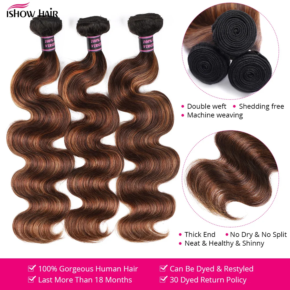 Ishow 1B 4 30 حزم مع أمامي أومبير تسليط الضوء على موجة الجسم مع 13x4 الدانتيل الشفاف أمامي البرازيلي شعر بشري لعذراء #3