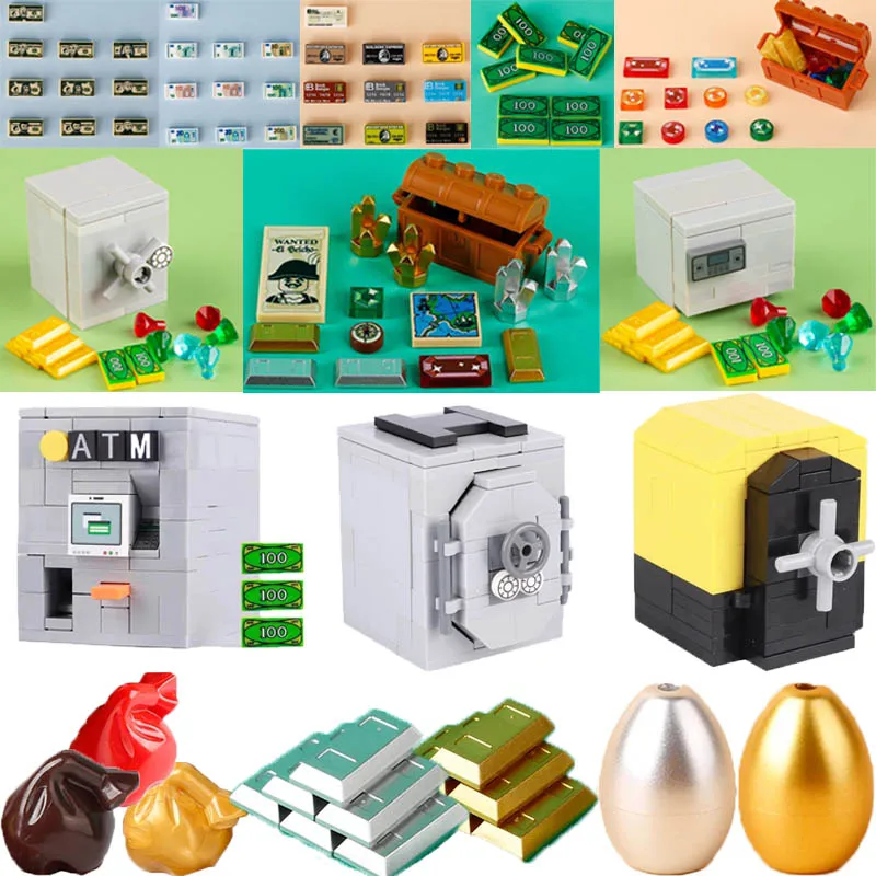 MOC Building Blocks Figures Accessories Cash Dollar Coin Bag Model Gold Silver Bar Colored Diamond Treasure Box Series Coffer