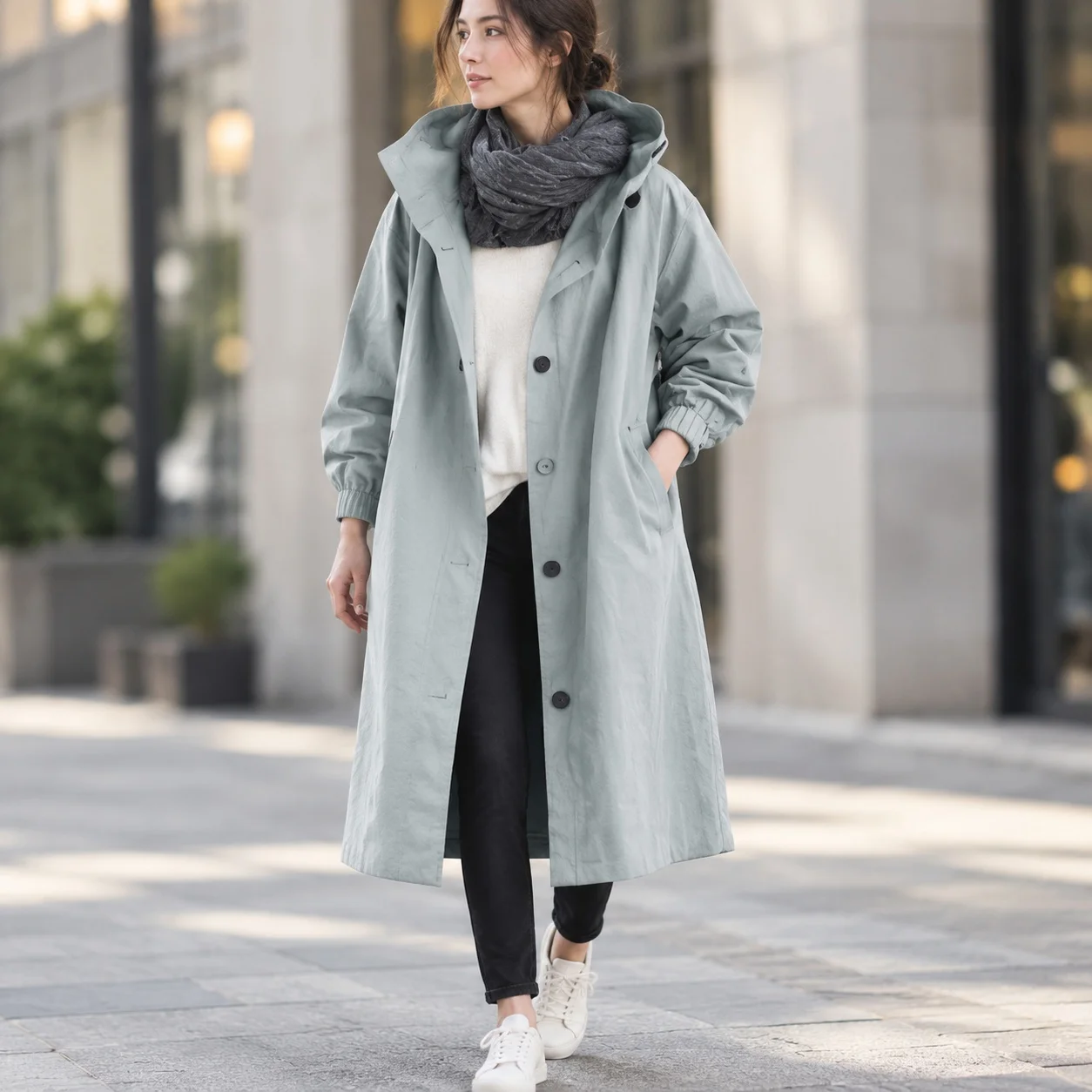 Long Sleeve Hooded Mid Length Coat with Medium Thickness Conventional Sleeve Elegant Business Office Style Women Trench Coat