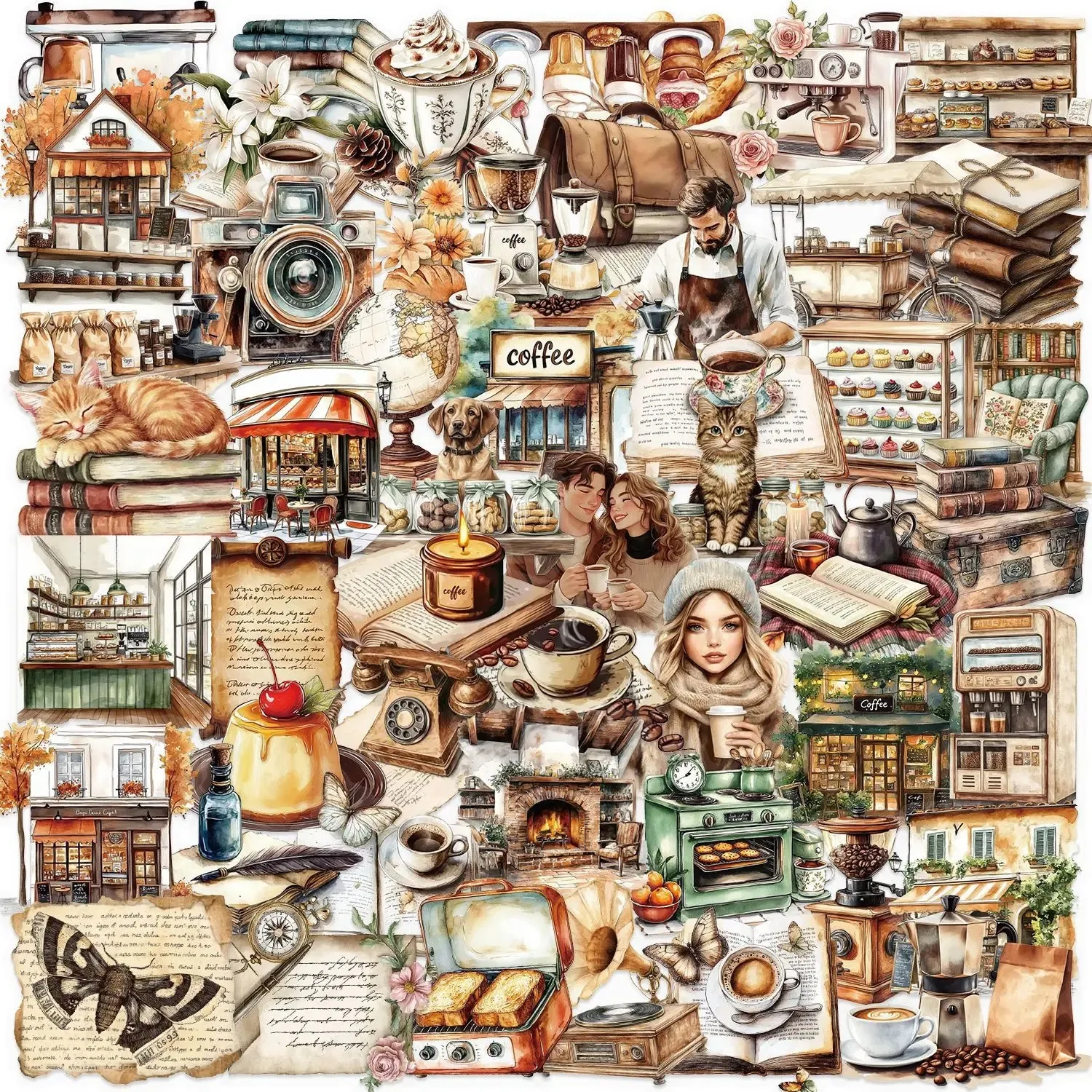 10/30/50pcs Transparent Ins Retro Coffee Stickers Waterproof Transparent PET Ledger Material Decor Guitar Notebook Stationary