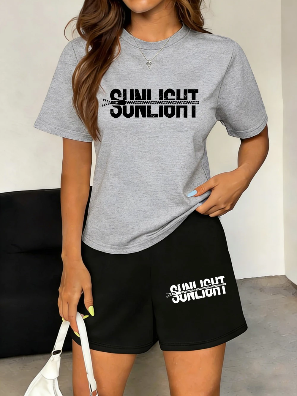 

Sunlight Letter Printing Tops Shorts Womens Basic Two Pieces Set T-Shirts Pants Summer Pocket High Waisted Oversized Clothes