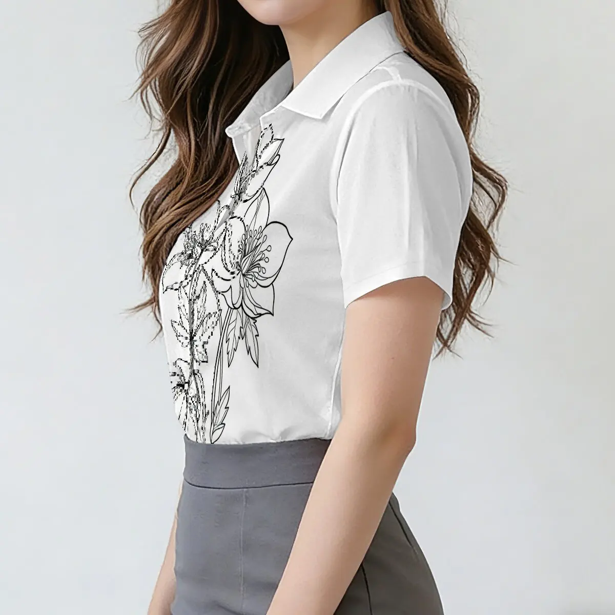 Summer Women's Short-Sleeve Shirt with Sketched Floral Print, Artistic, Sophisticated and Understatedly Eye-Catching, Commuting