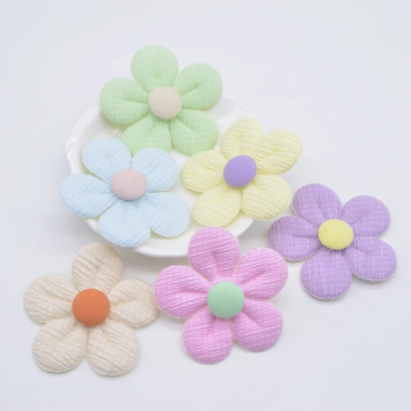 20Pcs 48mm Flower Embellishment with Button for Clothes Hat Patch Fabric Sewing Craft Headwear Hair Clips Decor Accessories