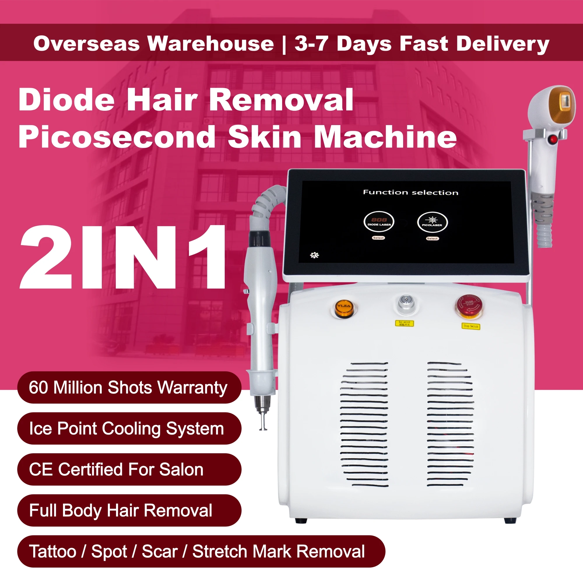 2IN1 Diode Lase Hair Removal System 5000W Painless Tattoo Removal Machine 3 Wavelength Options 755/808/1064nm for Beauty Salon