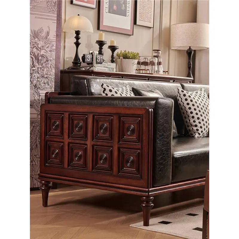 LMM solid wood sofa living room American retro 2.8m four-person straight row first layer cowhide