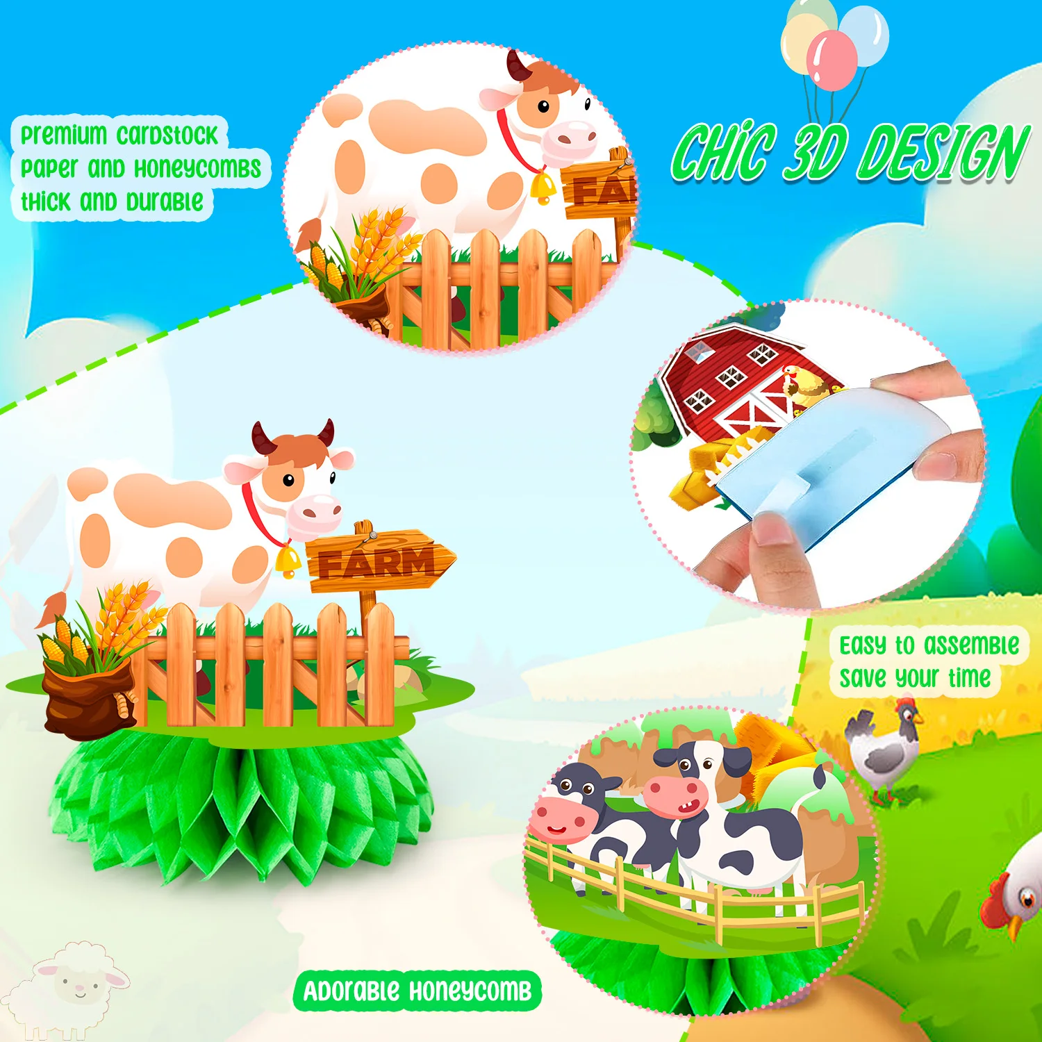 Farm Honeycomb Ceterpieces, 9 Pcs Farm Animals Honeycomb Decorations, Farm Theme Birthday Party Honeycomb Centerpieces