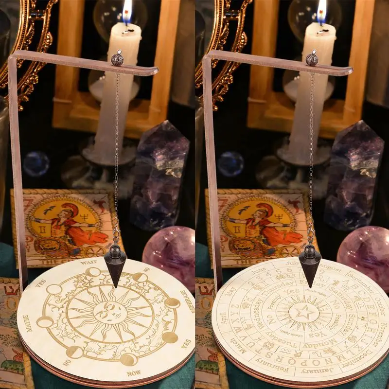 Pendulum Holder Moon Phase Pendulum Display Stand with Tray Wood Wiccan Rotating Crystal Holder for Divination Witch Organizer