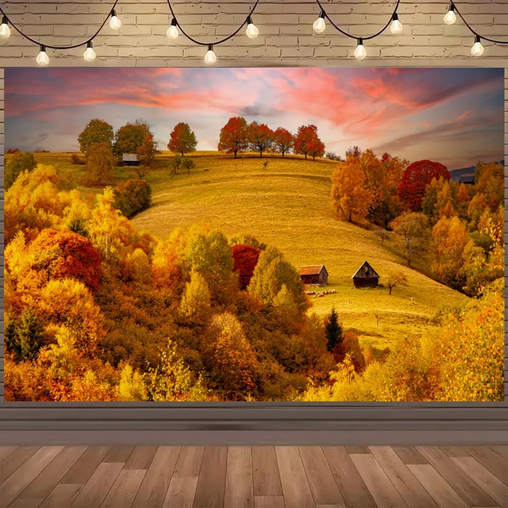 Autumn Forest Backdrop Fall Natural Scenery Mountains Lakes Maples Leaves Sunshine Path Kids Portrait Photo Background Props