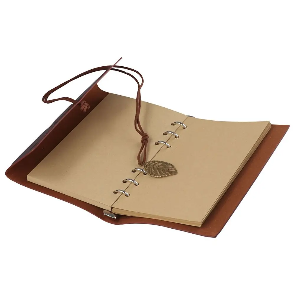 Cute Diary Notepad Sketch Book, Leaf Embossed and Retro Pendants Book, Leather Journal Notebook