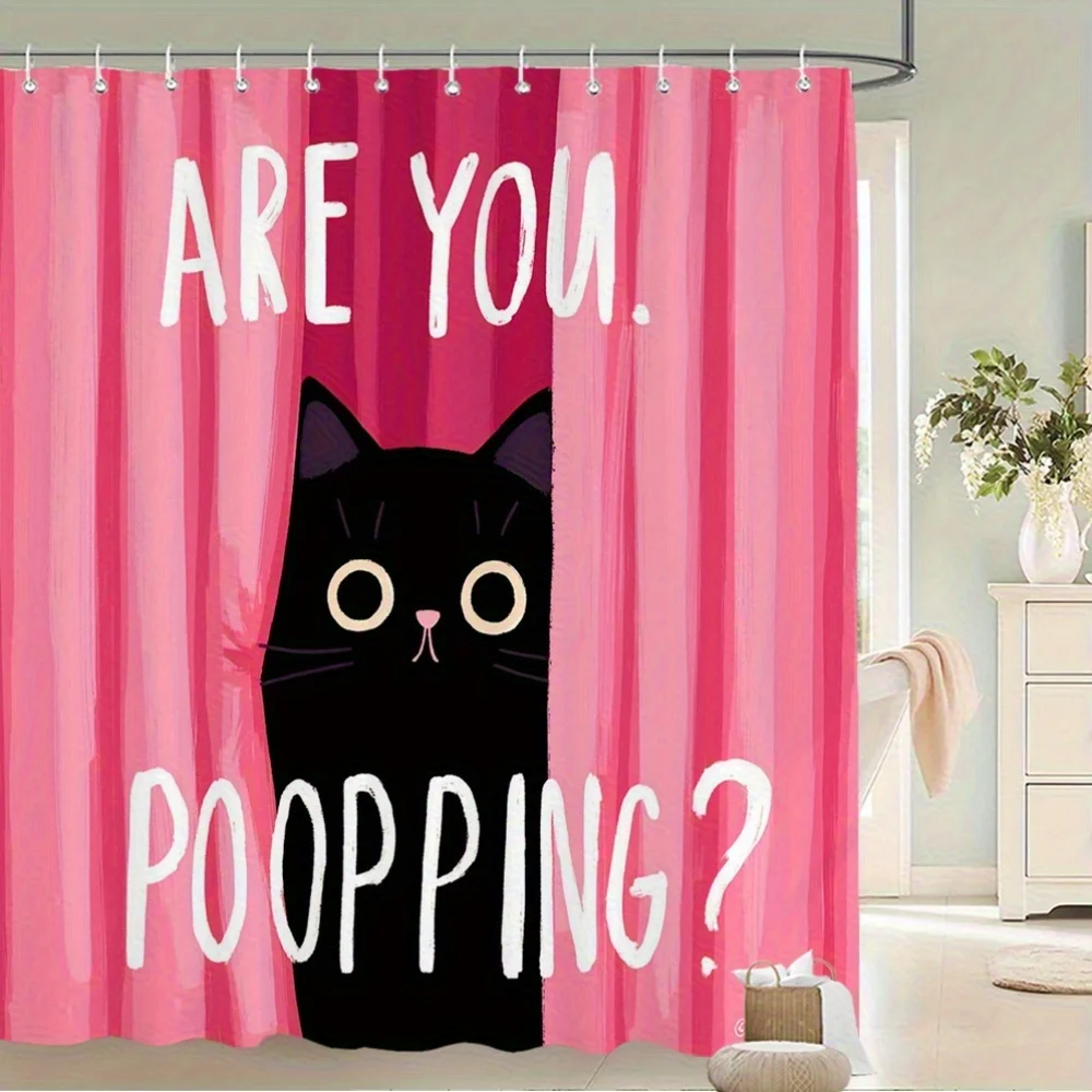 Black Cat Shower Curtain – Bold Uppercase Text 