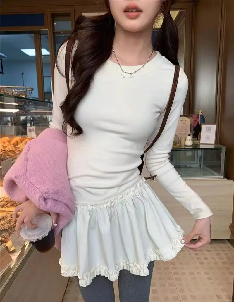 

Long Sleeved T Shirts Knitting Womens Autumn Button Neck Snap Tab Cuff Drape Hem College Youth Casual Layered School Minimalist