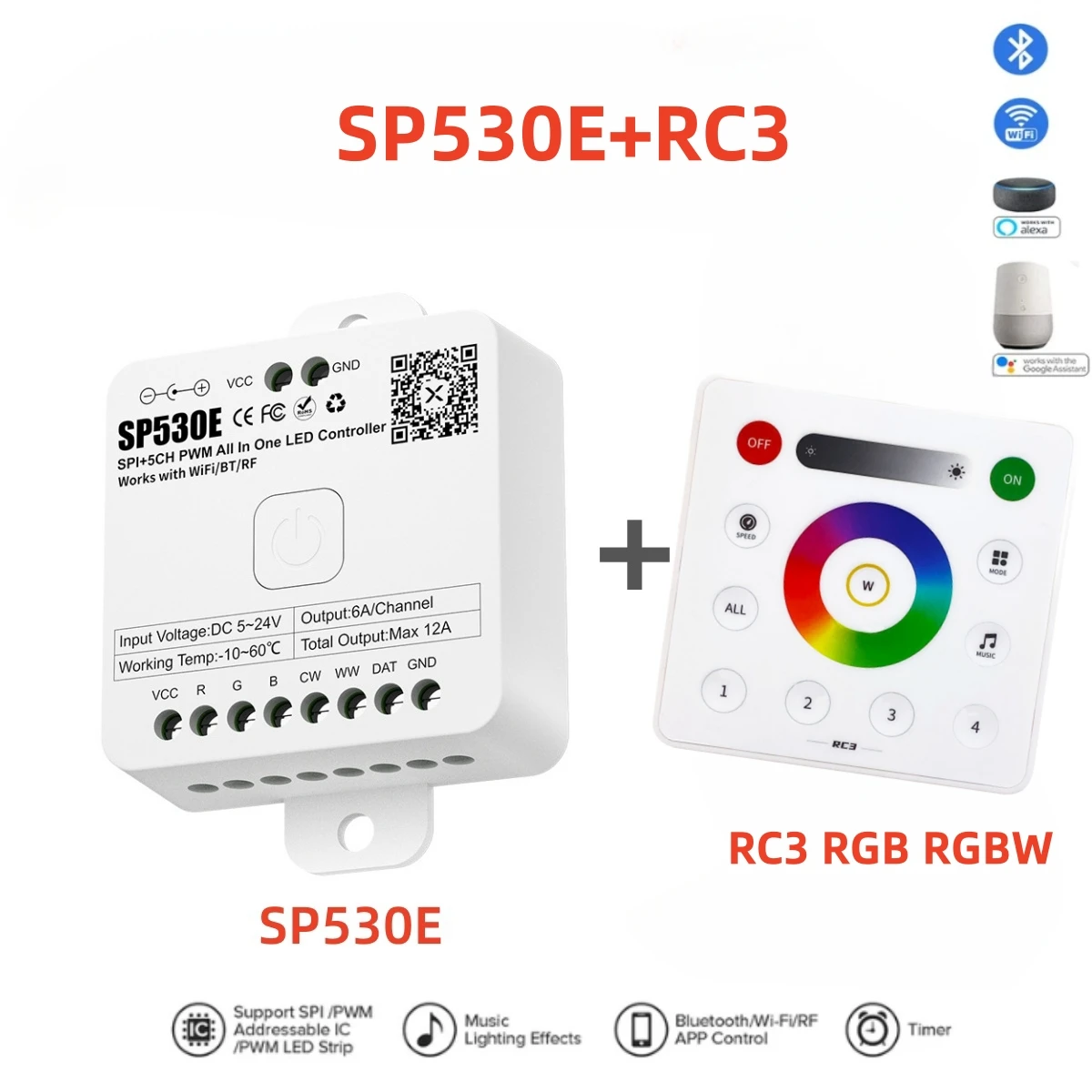 5V-24V SP530E Wszystko w jednym Kontroler LED Wifi Alexa Google Home 5CH PWM SPI Pixels LED Strip Light RC3 Zdalny kontroler RGB RGBW