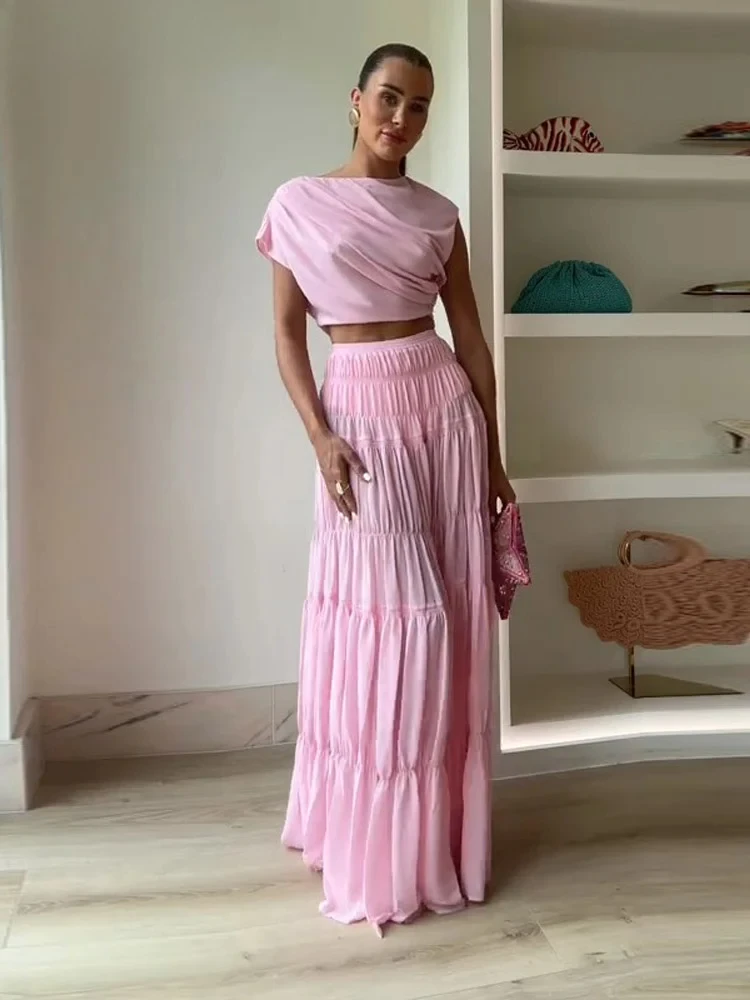 

Fashion Solid Pleated Skirt Sets Women's Sleeveless Crop Tops High Waisted Elastic A-line Skirts Spring Lady Elegant Suits