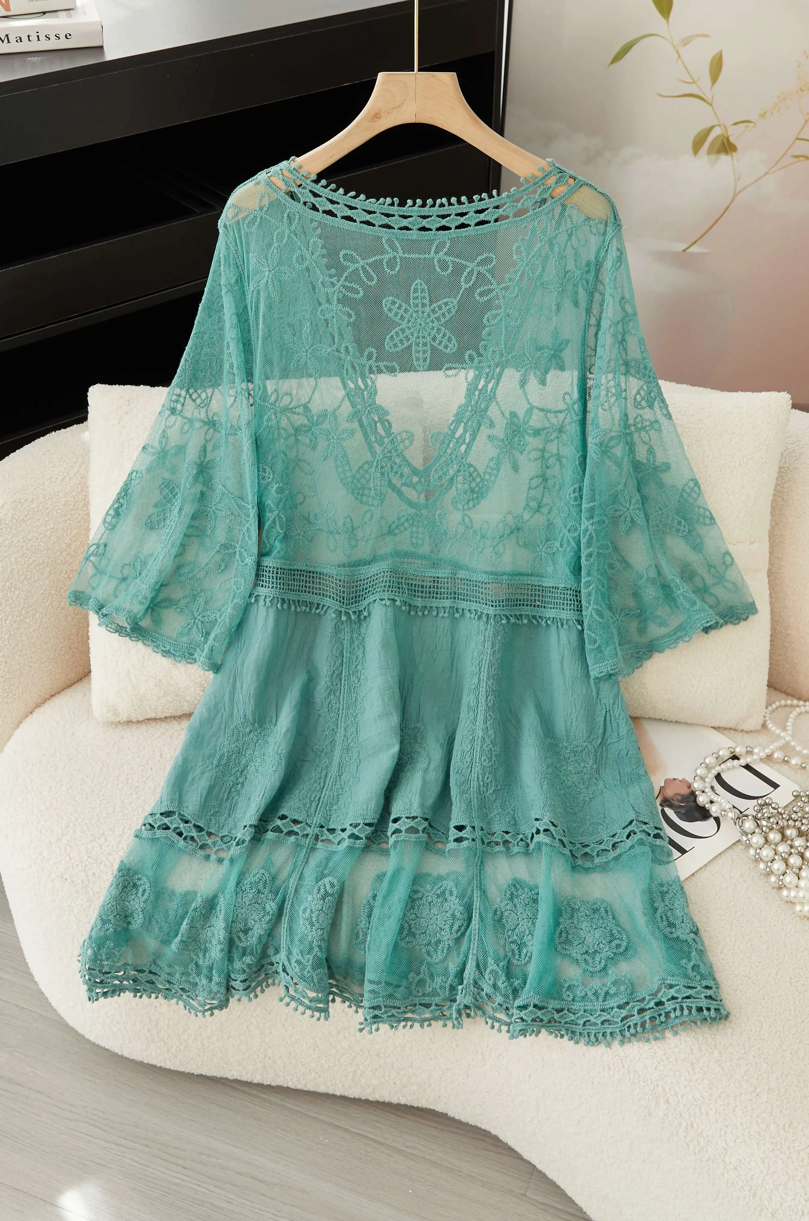 Summer women's beach cover, mesh patchwork embroidered hollow V-neck pullover top, bohemian style thin sunscreen shirt