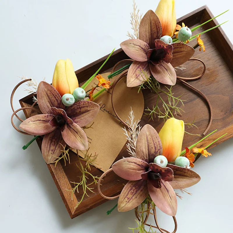 

25069 Orchid Tulip Boutonniere for Men, Wrist Corsage Artificial Flowers for Wedding Decor/Prom/Homecoming, etc.boat orchids