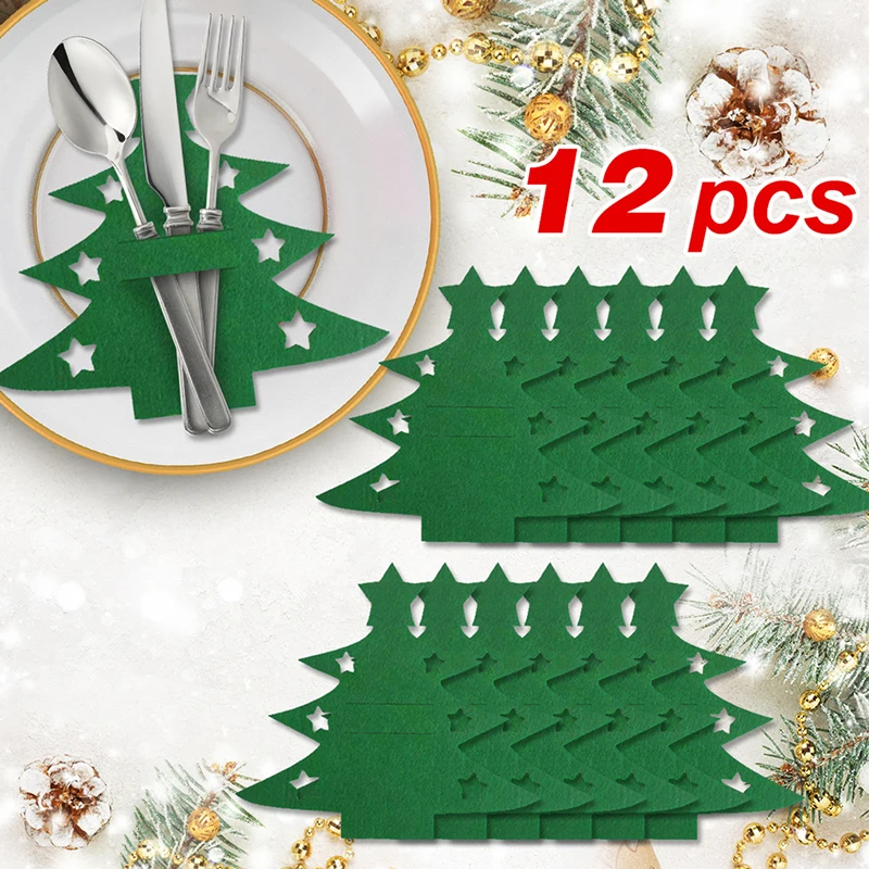 10pcs Christmas Knife and Fork Holder Elk Xmas Tree Pocket Cutlery Bag Non-woven fabric Cookware Organizer Table Decor