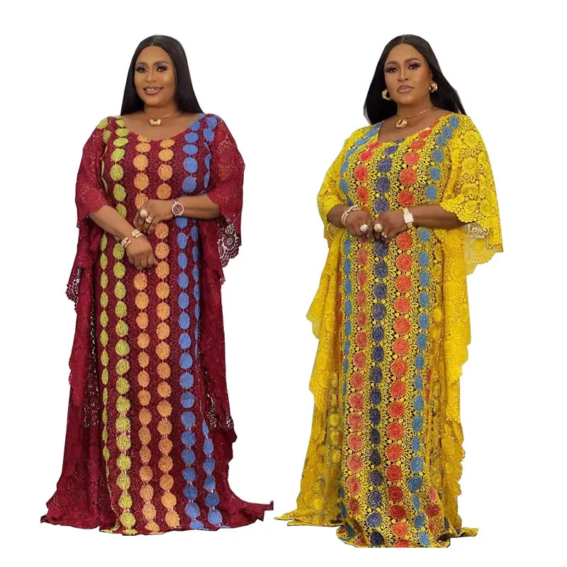 

Lace Plus Size Dresses for Women Spring African Women Short Sleeve Yellow O-neck Long Robes African Dresses African Clothes