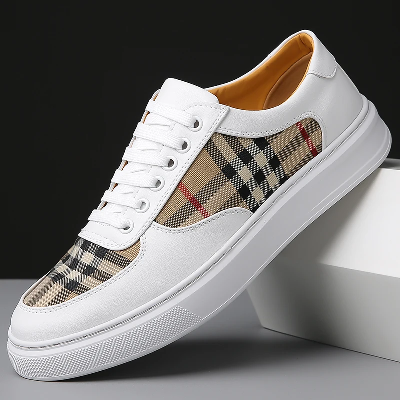 Men Classic Checkered Patchwork Thick Soled Casual Board Shoes Shock-absorbing Breathable Fashionable Commuting Street Shoes