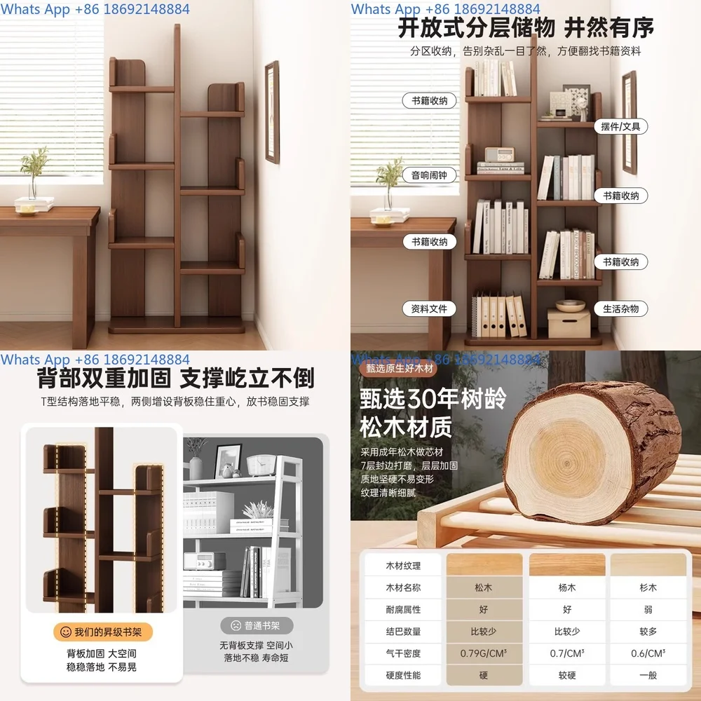 

Solid Wood Bookshelf Simple Floor Standing Shelf for Living Room Bedroom Wall Mounted Plant Stand Minimalist Tree Shape Storage