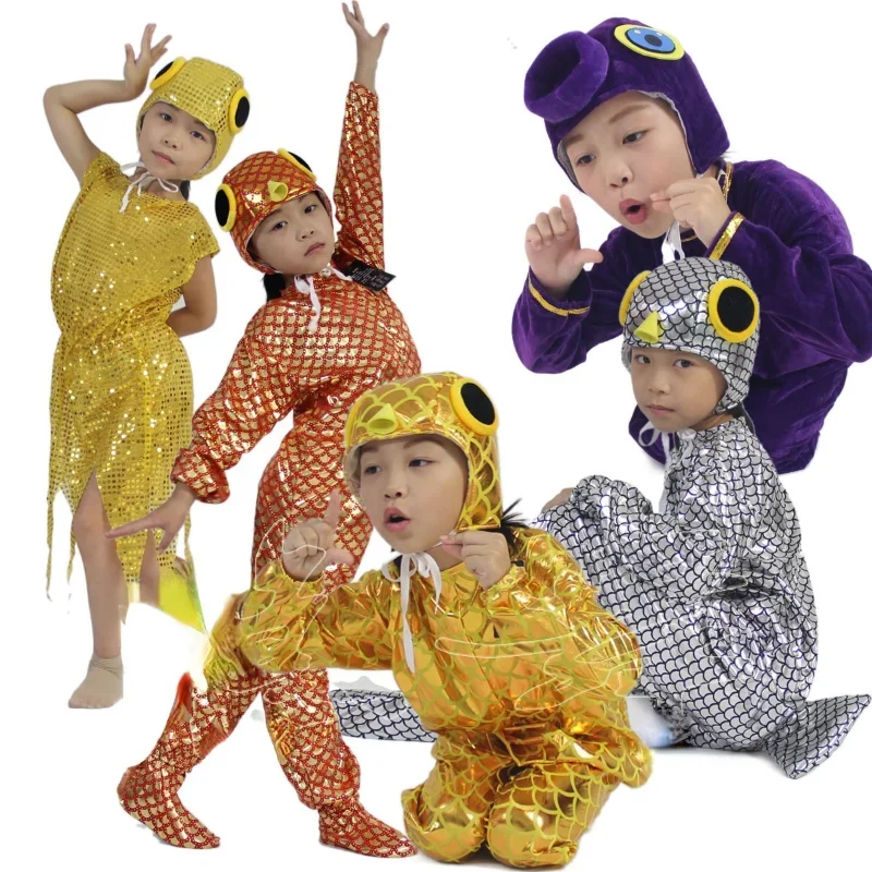 Cartoon Shiny Goldfish Golden Silver Purple Fish Fancy Dress   Show Jumpsuit Children Adult Gift Cosplay Halloween Costume