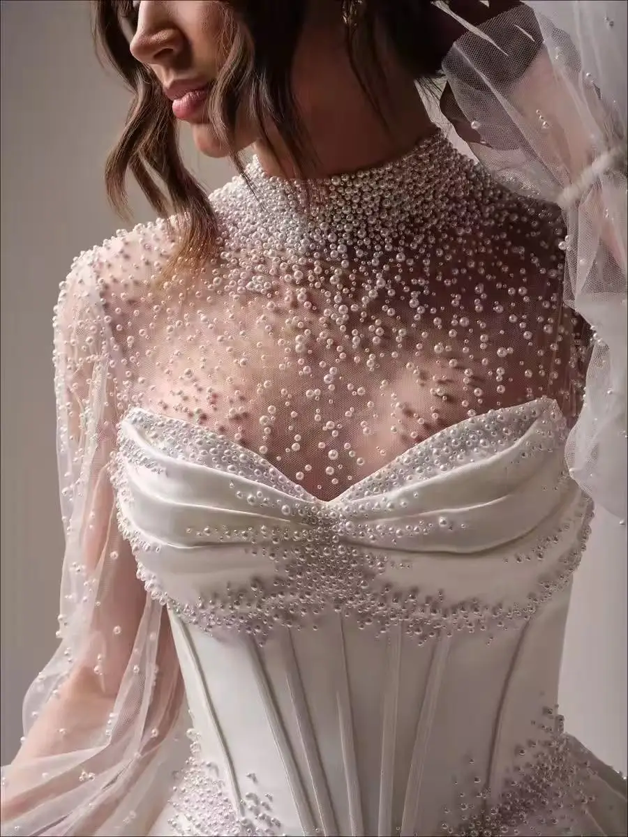 فساتين زفاف بيضاء رائعة مع سترة خرز مزينة بالدانتيل فساتين زفاف مصنوعة حسب الطلب بأزرار خلفية سويب تراين رداء دي ماري