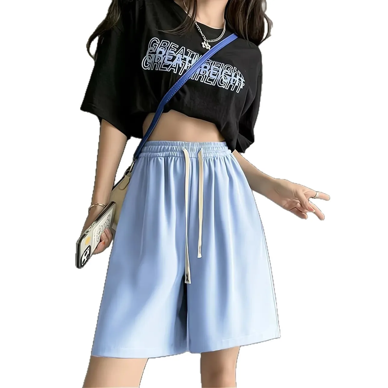 여름용 얇은 루즈핏 캐주얼 여성 스포티 아이스 실크 반바지 하이웨이스트 단색 드로스트링 잠옷 5부 반바지