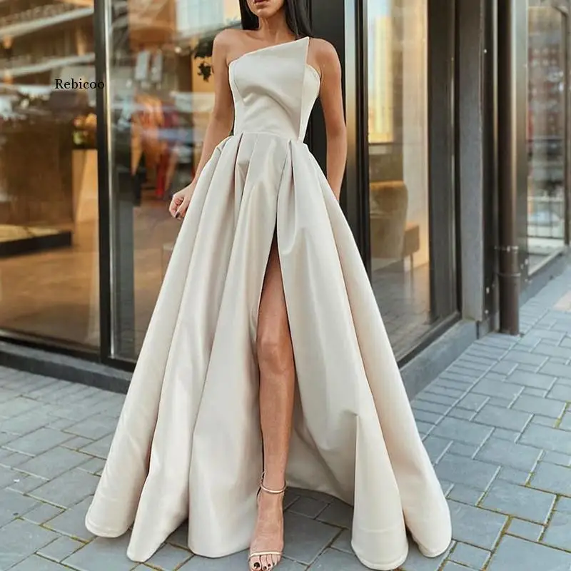 Elegant Off Shoulder Sexy Dress Summer Women Tube Top Evening Party Dress Lady Solid Waist Long Big Hem Dress Cover-Ups