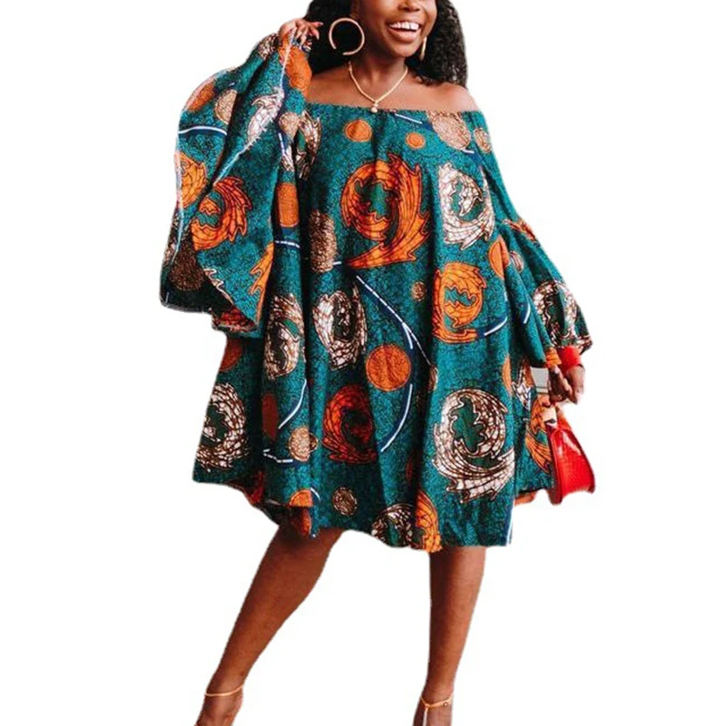 

Fashion Sexy Off Shoulder Long Ruffles Sleeve African Dresses for Women Evening Party Dress Africa Clothing Robe Africaine Femme