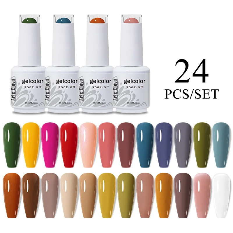 Arte Clavo 15ml 24pcs/Set Pink Red Colors Gel UV LED Gel Varnish Polish Nail Nails Art Soak-Off Kit Semi Permanent Base Top Coat