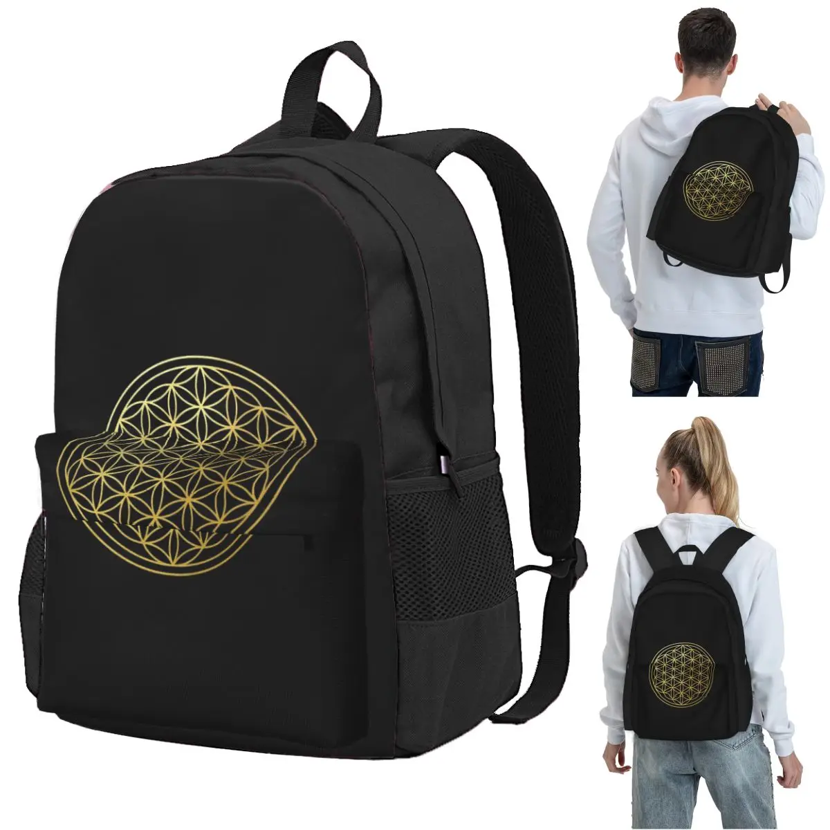 The Flower Of Life Gold Mandala Sacred Geometry Spiritual Protection Symbol Backpack Student BookBag Kids School Bag Computer