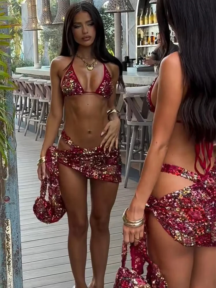 

Сексуальные комплекты бикини с пайетками: модный топ на шнуровке и мини-юбка с лентами для женщин, летние пляжные костюмы 2026 года