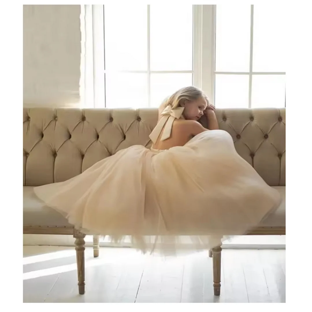 Vestido de niña para boda, tul esponjoso con lentejuelas, Espalda descubierta, cuello alto con lazo, fiesta de cumpleaños, vestidos de comunión para niños