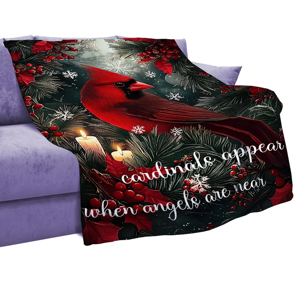 1pc Winter Cardinal Botanical Garden Scene Printed Throw Blanket, Butter‑Soft Monochrome Nordic Elegant Blanket, Home Decor