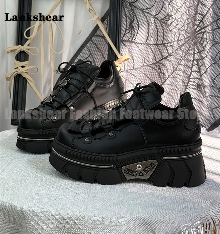 

Tank Platform Punk Boots Round Toe High Heels Lace-Up Boots Women's High Increasing Casual Shoes Ladies Party Botas Mujer