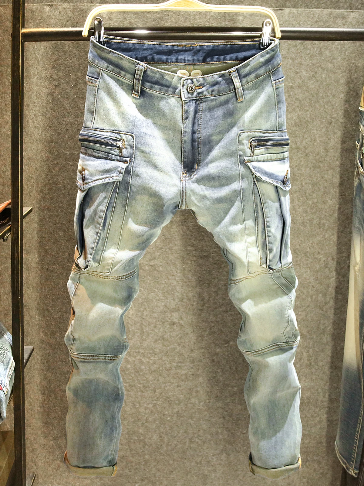 

Новые мужские джинсы прямого кроя с множеством карманов, рабочая одежда, модные брендовые брюки в стиле пэчворк, американские высококачественные длинные брюки из хлопка с добавлением стрейча