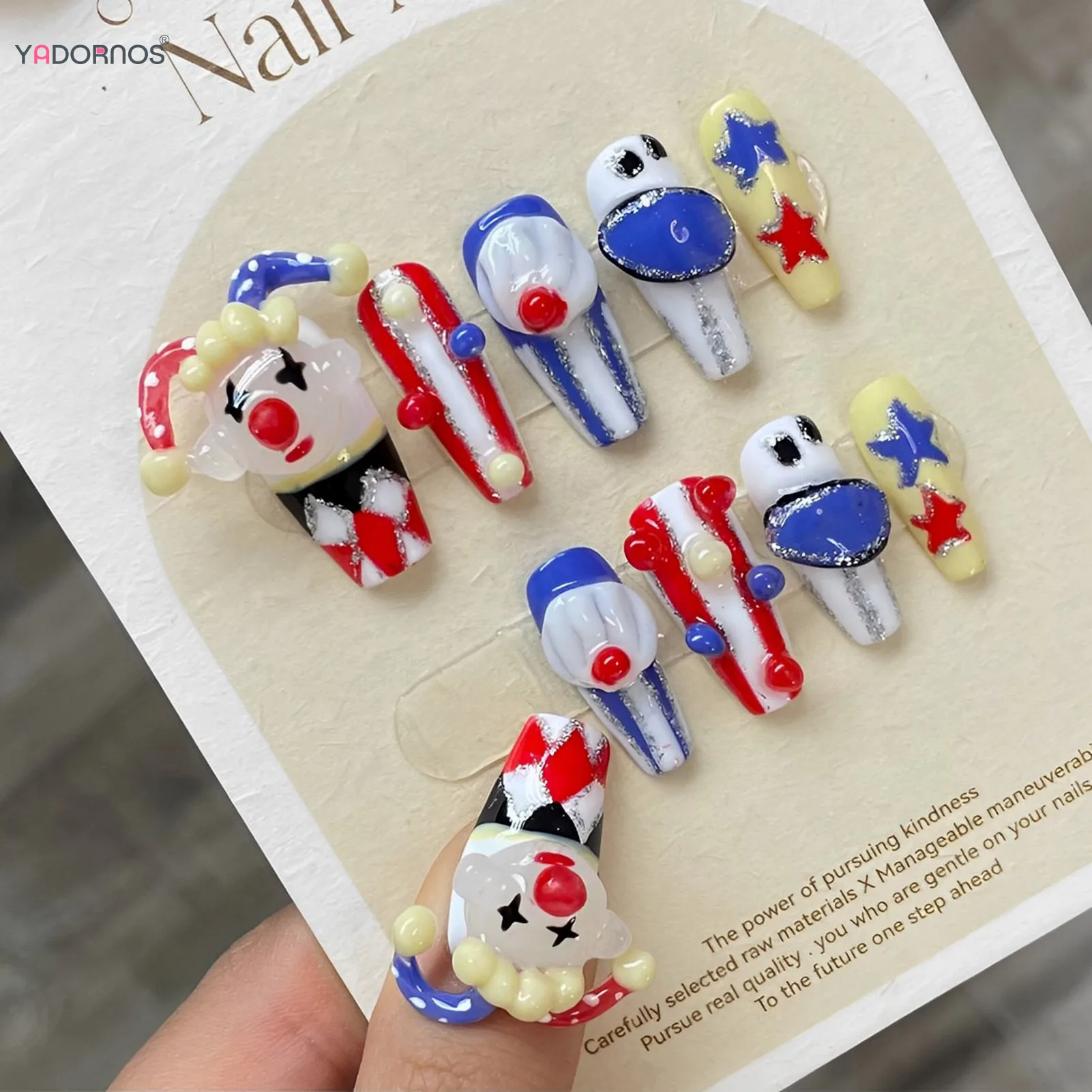 Handmade Halloween False Nails Hand Painted Clown Press On Nail White Blue Medium T Fake Nails Full Cover Wearable Manicure Art