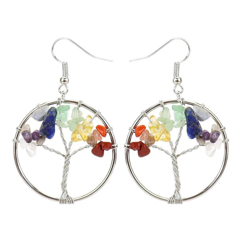 Pendientes de piedra de grava de cristal Natural para mujer, pendientes de gota de árbol de los deseos, pendientes de tuerca de árbol de la vida