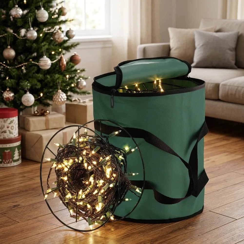 Portable Carry Case Light Storage Bag Christmas Decorations Dual Zipper Oxford Cloth Cylindrical Storage Organizer With Handles
