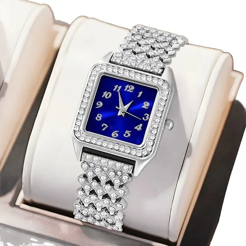 

5PCS/Set Women's Watch Fashion Full Diamond Steel Strap Pointer Quartz Watch Necklace Ring Earrings Jewelry Set (No Box)