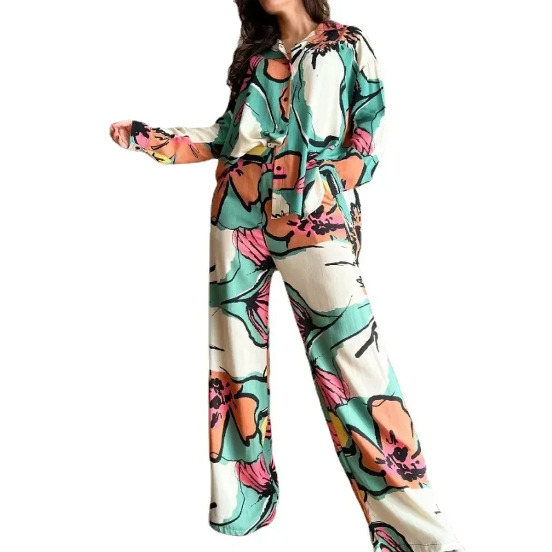 Casual Pattern Print Loose Two Piece Sleepwear Lace-up Cardigan Tops Long Pants Lounge Set Pajamas Women Beach Vocation Outfit