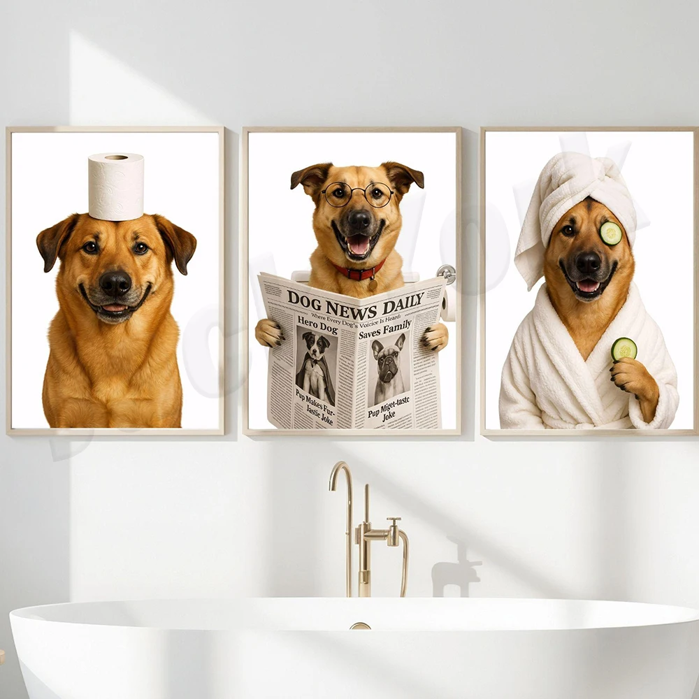 Bathroom posters featuring sheepdogs, Croatian sheepdogs, Chesapeake Bay Retrievers, Clumber dogs, Chinook dogs, and Chow Chows.