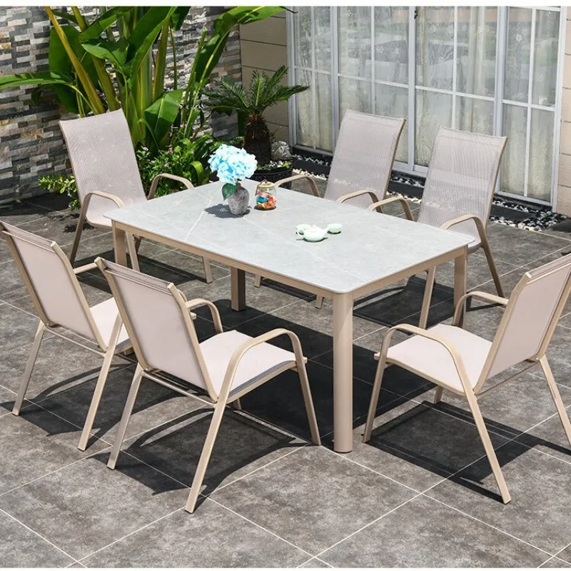 

Outdoor tables and chairs patio balcony aluminum alloy rock slab table hotel leisure mesh chair table and chair combination