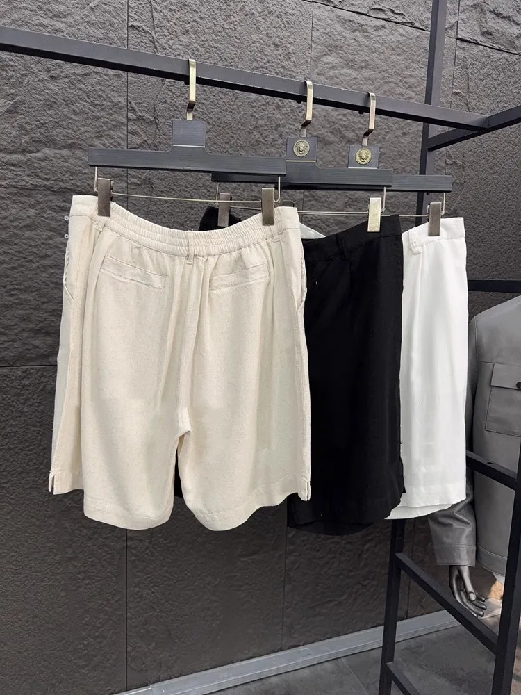 Mens Comfortable Linen Shorts Summer Solid Color Harajuku Elastic Waist Knee Length Straight Trousers Office Daily Casual Shorts