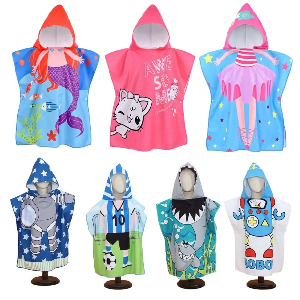 Cute With Hooded Kids Bathrobe Washcloth Shark Pattern Beach Towel Large Size Quick Dry Poncho Summer