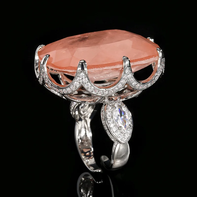 Large Cushion Cut Pink Rose Quartz Pendant Necklace Adjustable Ring Red Ruby Accent Statement Jewelry for Women Party Gift view 3
