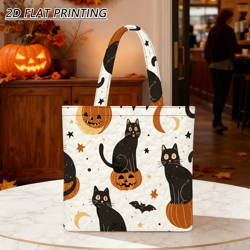 1pc Black cats pumpkins bats Quilted Women'S Shoulder Bag, Multi-Purpose Tote, Fine Craft For Office Commute And Parties