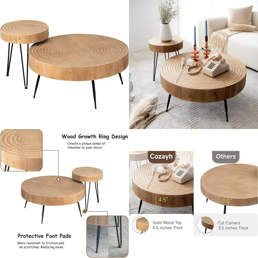 مجموعة طاولة قهوة مستديرة متداخلة لغرف المعيشة الحديثة في المزرعة، مصنوعة يدويًا من الخشب مع لمسة نهائية طبيعية ونمط حلقي #1