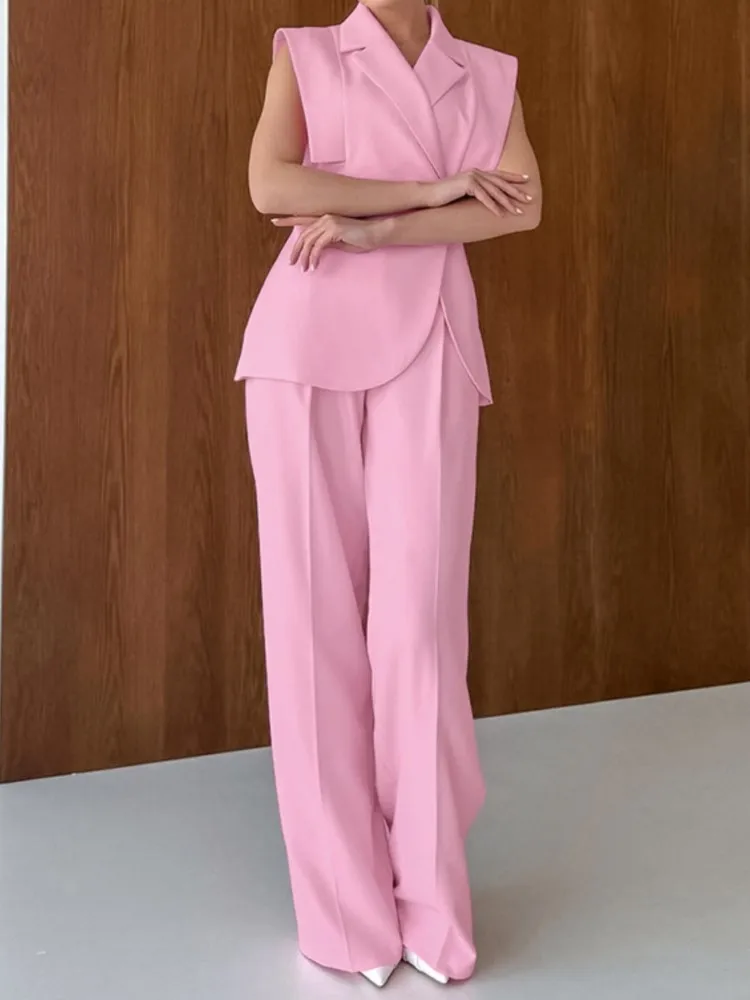 Gentle Style Sleeveless Suit Collar Loose Vest High Waist Pocket Wide Leg Pants Two-piece Set Women's Spring Fashion Casual Suit